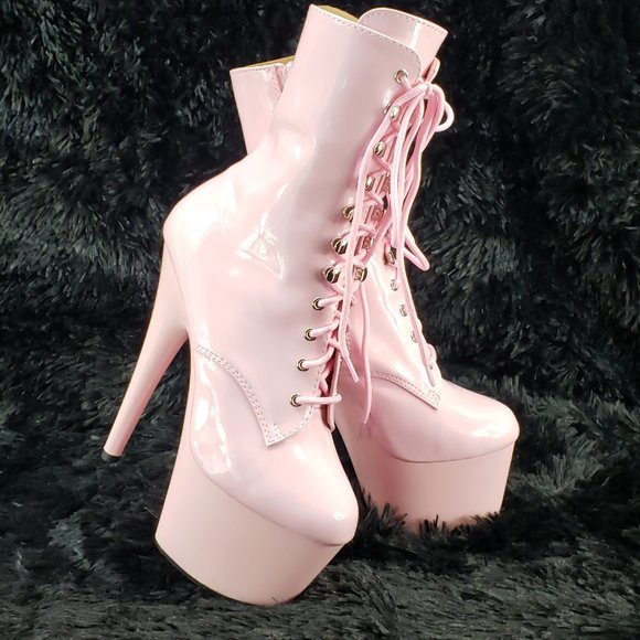Baby Pink Patent Platform 7" Heel Ankle Boots - Picture 2 of 16